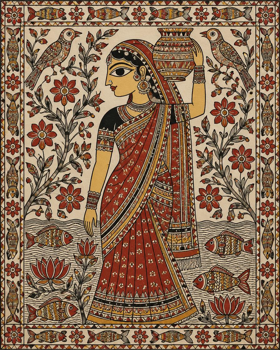 Mithila painting of a woman carrying a pot among fish and flowers
